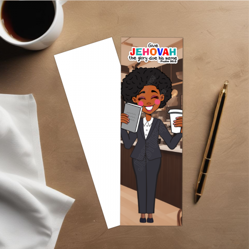 2025 Year Text Bookmark - Dark-Skinned Woman with Coffee & NWT Bible - Psalm 96:8