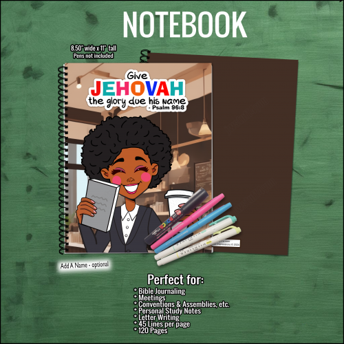 2025 Year Text Notebook: Cute Dark Skintone Character with Bible and Coffee – Psalm 96:8 - Give Jehovah the Glory Due His Name