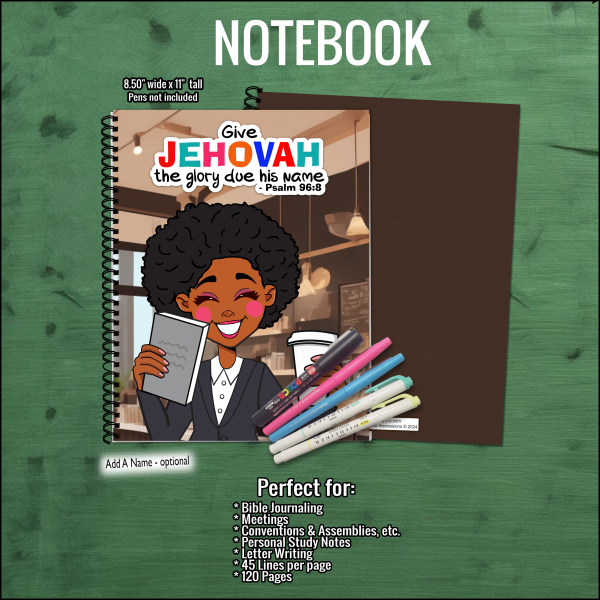 2025 Year Text Notebook: Cute Dark Skintone Character with Bible and Coffee – Psalm 96:8 - Give Jehovah the Glory Due His Name