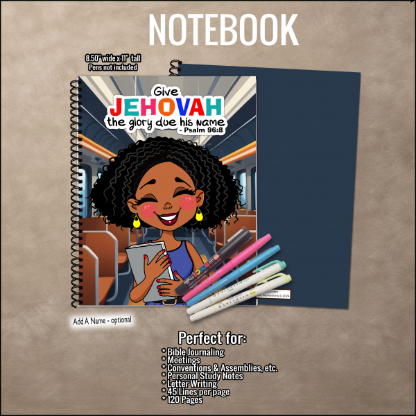 2025 Year Text Notebook - Dark-Skinned Girl with Natural Hair and Bible - Psalm 96:8