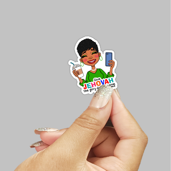 2025 Year Text Sticker - Dark-Skinned Woman with Coffee & Cell Phone - Psalm 96:8